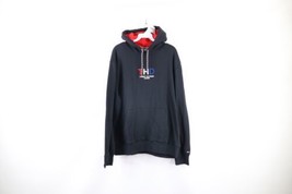 Vintage Tommy Hilfiger Mens Large Spell Out Center Logo Hoodie Sweatshirt Black - £39.62 GBP