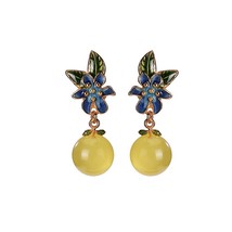 925 sterling silver gold plated cloisonne natural amber beeswax stud earrings re - £59.32 GBP