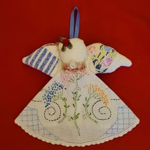 Vintage Angel Ornament Quilted Wings Made from Embroidered Doily 9 Inch Folk Art - £15.57 GBP