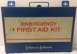 Vintage Metal Wall Mount Johnson &amp; Johnson First Aid Emergency Kit 1980s Garage - £38.93 GBP