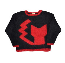 Vintage Mohair Wool Cat Sweater Womens M Black Red Crewneck Jumper Handknit - £83.44 GBP