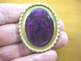 br420-1) Purple pink paua sea abalone shell oval textured trim brass pin pendant - £18.71 GBP