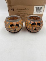 Home Interiors Decorative Candleholders Stained Glass Pumpkin Jack O Lantern Set - £14.13 GBP