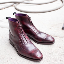 NEW Handmade Men Burgundy Color Leather Laceup Boot, Men New High Ankle Fashion  - £122.27 GBP