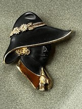 Large Signed Goldtone &amp; Black Enamel Stately Woman Bust Head Brooch Pin – 2.5 x - £10.46 GBP