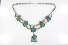 Sterling Silver Navajo Turquoise Necklace With Leaf Details 18&quot; 79.8g - £1,165.07 GBP