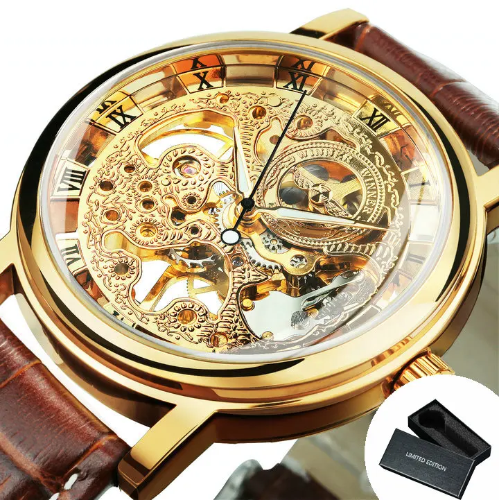 WINNER  Skeleton Watch for Men  Hands   Mechanical  Clic Brown Leather Strap  - £90.82 GBP