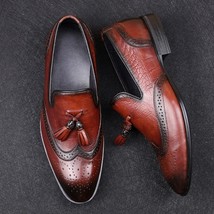 Stylish Patina Men Tassel Loafer Handmade Brogue Wingtip Leather Formal Shoes - £120.26 GBP