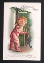 Christmas Time Boy in Striped Pajamas Holding Candle Embossed Postcard c1910s - $9.99