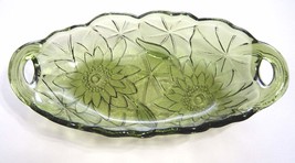 Vintage Olive Green Sunflower Design Candy Dish Handles Depression Indiana Glass - £11.93 GBP