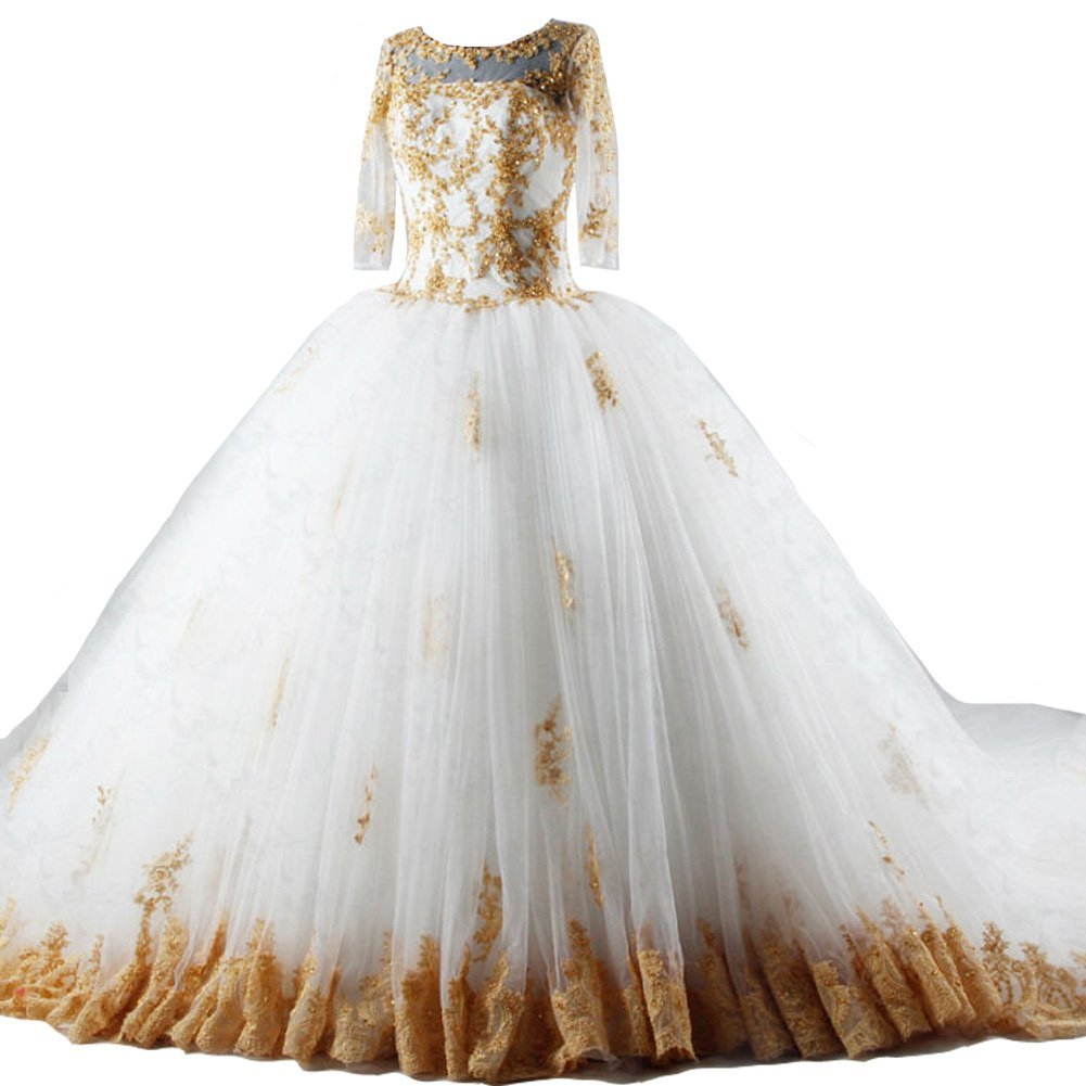 Kivary White and Gold Lace Beaded Vintage Sheer 1/2 Sleeves Wedding Dresses US 1