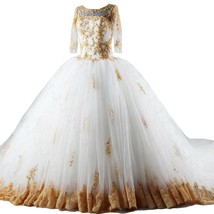 Kivary White and Gold Lace Beaded Vintage Sheer 1/2 Sleeves Wedding Dresses US 1 - £214.69 GBP