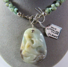 Handmade Sesame Kiwi Stone Carved Pendant Sterling Silver Toggle Clasp Necklace - £38.15 GBP