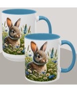 Cute Bunny Coffee Mug Wildflower Rabbit Design Blue Accent Cottagecore T... - €12,06 EUR+