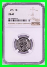 Stunning 1955 Proof Jefferson 5 Cent Nickel Coin ~ Certification NGC PF69 - £237.40 GBP