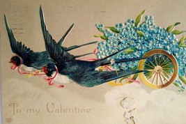 Valentine Postcard Blackbirds Fantasy Forget Me Not Flowers Cart EAS Germany - $10.80