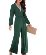 Womens 2XL Long Sleeve V Neck Jumpsuit with Pockets Wide Leg One Piece O... - $58.84 CAD