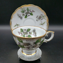 Vintage Hand Painted Footed Cup &amp; Saucer Bone China White Flower Gold Trim - £12.97 GBP