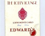 Edward&#39;s the Lobby Lounge Menu Loews Monte Carlo 1982 - $27.69