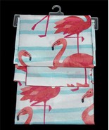 Deborah Connolly Coral Flamingos Aqua White Stripes Nubby Shower 71x72Cu... - $46.46 CAD