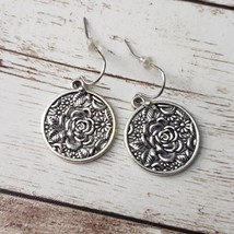 Silver Tone Rose Circle Dangle Earrings - New (But Tarnished) - $6.99