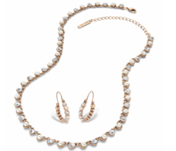 ROUND CRYSTAL SIMULATED PEARL 2 PIECE NECKLACE HOOP EARRING SET GOLDTONE - £79.92 GBP