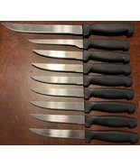 Vintage Set Of 9 Serrated Kitchen Knives - Stainless Steel With Black Ha... - $14.00