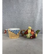 Vintage Ceramic Fruits In A Weaved Basket Teapot With Tea Cup - £15.66 GBP