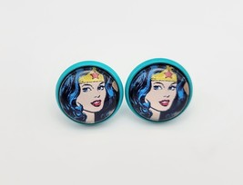 Turquoise Blue Bright Colorful Cartoon Wonder Woman Button Stud Fashion Earrings - £11.95 GBP