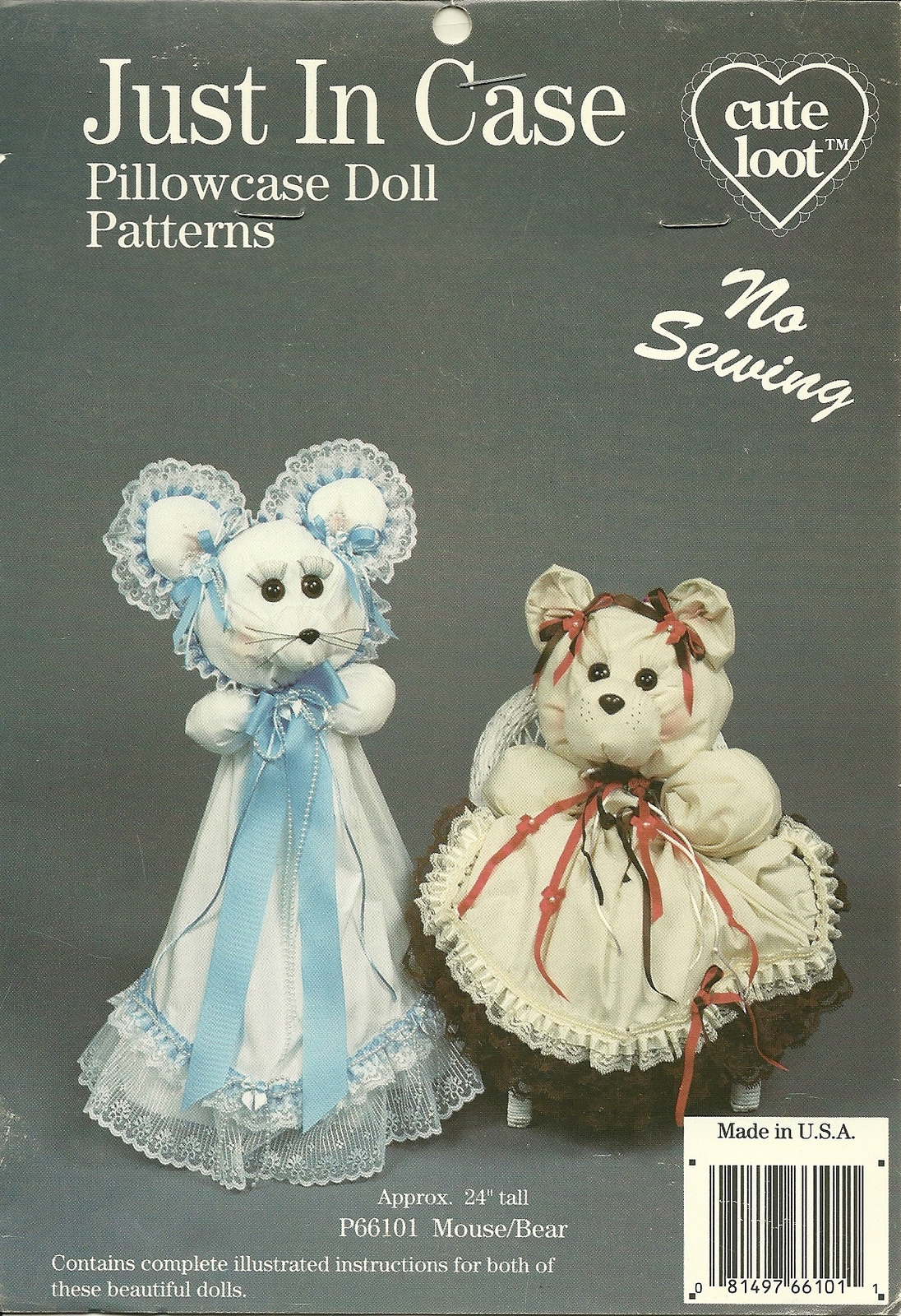 Just In Case No Sew Pattern Pillowcase Dolls Plush Animals Bear Mouse New - $6.99