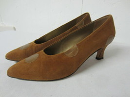 Vtg Paloma Made Italy Russet Suede Bronze Gold Leather Soles Accents Hee... - $49.99