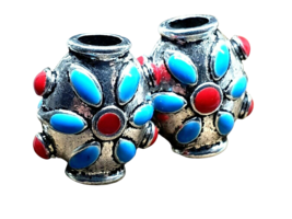 Bali Tibetan Flower Hair Beads Enamel Pewter Dread Mattlock Beard Beads Unisex - £9.99 GBP