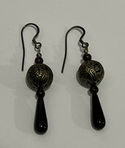 Vintage Sterling Silver 925 Etched Black Onyx Beaded Drop Earrings Red B... - £19.03 GBP