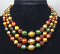 Vintage Signed STAR Triple Strand Necklace Earth Tones Green Yellow Oran... - $36.00
