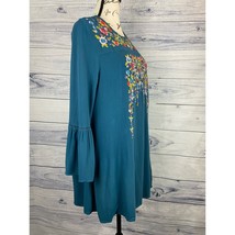 Umgee Floral Embroidered Mini Dress Womens L Teal Keyhole Rayon Bell Sleeves - £11.38 GBP