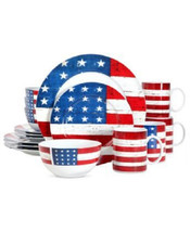 Patriotic Stars And Stripes 16 Piece Porcelain  Dinnerware Set Service for 4 - $389.95