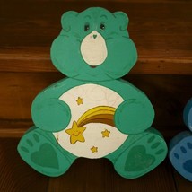 Pair 2 Vintage 1986 Hand painted CARE BEARS Green Blue Solid Wood Wall Hangings  - £23.97 GBP