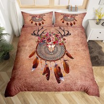 Boho Deer Head With Rose Flowers Duvet Cover Set Dream Catcher Feathers Bedding  - £55.94 GBP