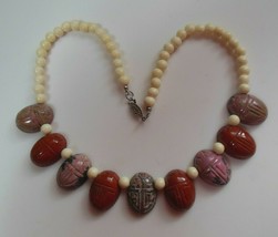 Vintage Red Jasper &amp; Rhodonite Stone Scarab Necklace W/Off White Beads Heavy - £74.04 GBP