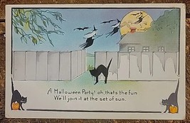 Antique PC  &quot;A Halloween Party!&quot; 3 Flying Witches, Cats, Bats, In front ... - £20.79 GBP