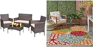 Patio Furniture 4 Pieces Conversation Sets, Brown And Beige &amp; Nourison A... - $365.99