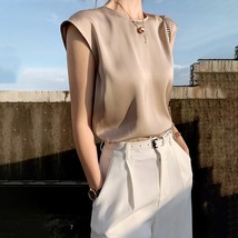 Women Elegant Blouses Office Plus Size Tunic Satin Silk Round Neck Sleeveless Bl - £46.67 GBP