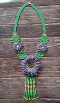 purple green multicolour flower design seeds beads native american necklace - £20.73 GBP