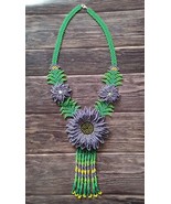 purple green multicolour flower design seeds beads native american necklace - £20.32 GBP