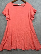 Umgee Dress Sz M Coral Linen Blend Ruffle Sleeve Fringe Summer Swing - $406.24 MXN