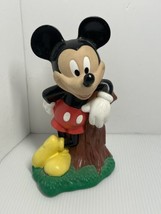 Vintage Disney Mickey Mouse Leaning on Tree Stump Piggy Coin Bank Stopper Read - $11.29