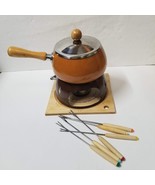 Fondue Pot Set for 6 Vintage Brown Forks Burner Wood Carrier Box Stand J... - £42.33 GBP