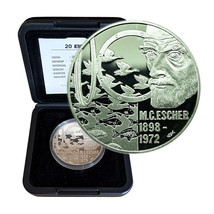 Netherlands 20 Euro 1998 M. C. Escher Silver Coin CoA+Box 04308 - £141.53 GBP