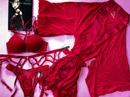 Victoria&#39;s Secret 34A Bombshell Bra Set+Garter+Panty+Robe Red Lace Gold Heavenly - £158.25 GBP