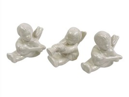 Lot 3 Sitting Cherub Angels Mandolin Trumpet Figurine White Glazed Ceramic 2.25&quot; - £15.43 GBP